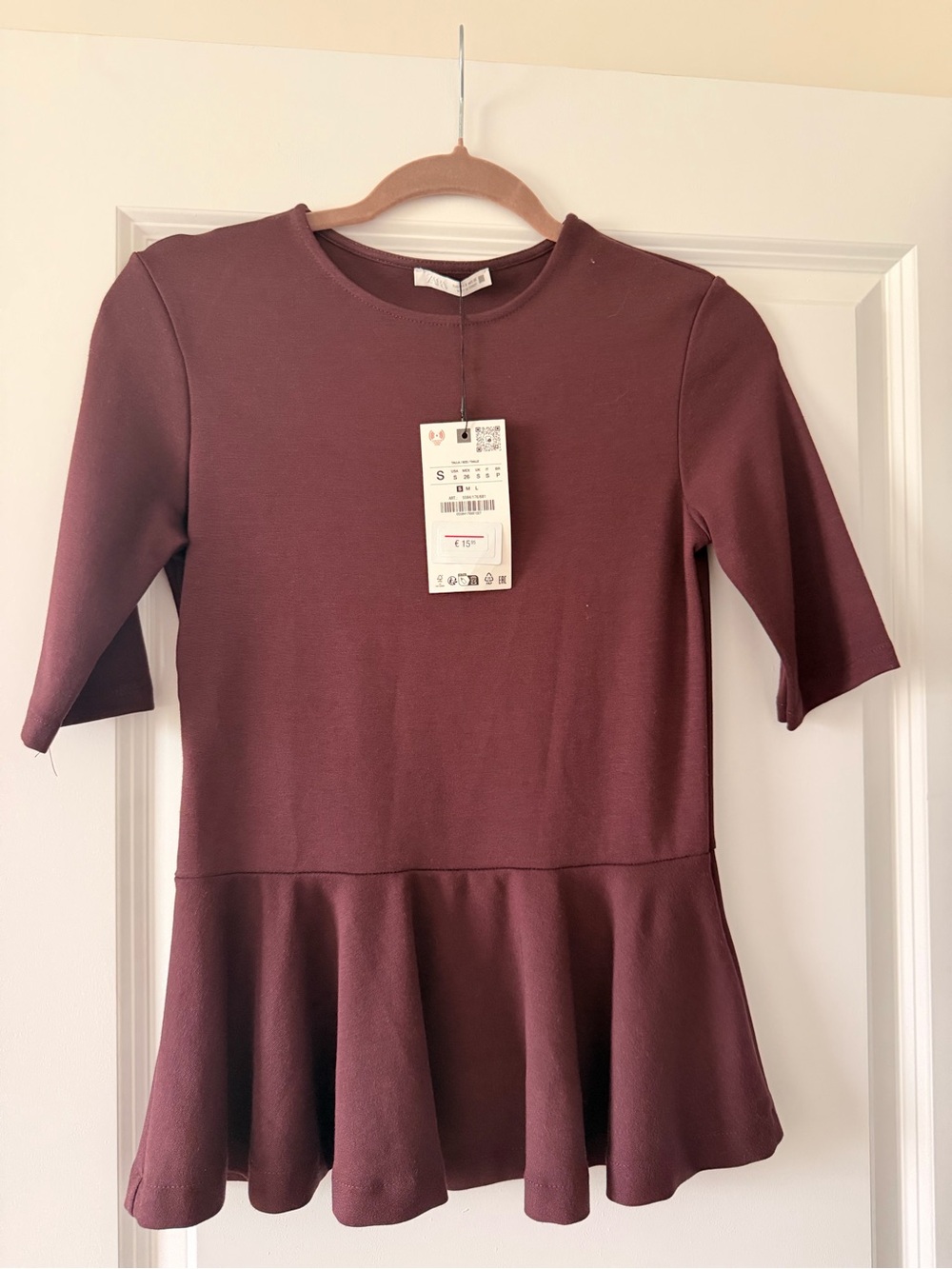 NWT Zara Peplum Short-Sleeve Top in Deep Burgundy